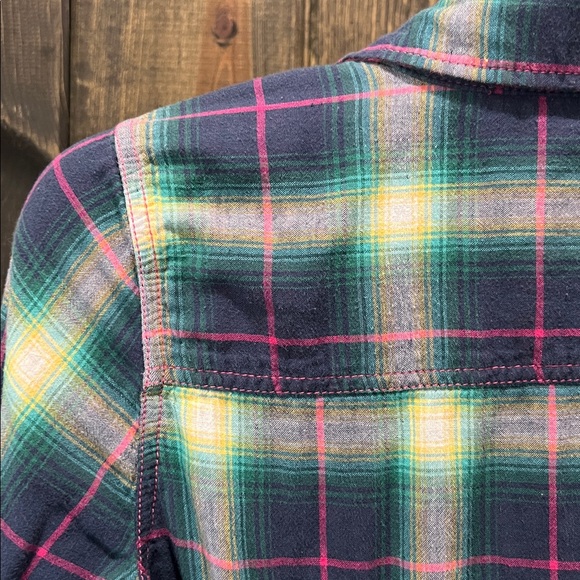 Hollister Mixed Plaid Flannel Top L Teal Pink Tartan Checkered‎ Drawstring Waist - Picture 8 of 10